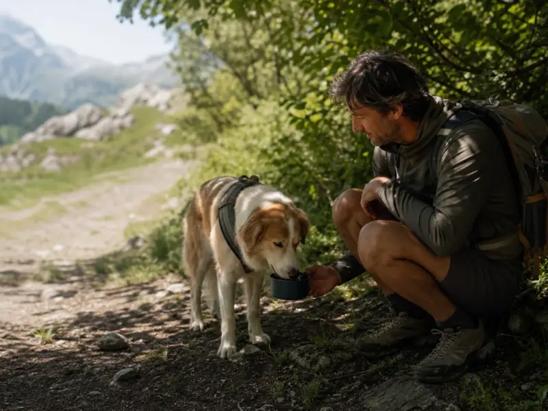 Escursionista con cane in pausa all'ombra durante un trekking estivo - trekking con il cane in estate