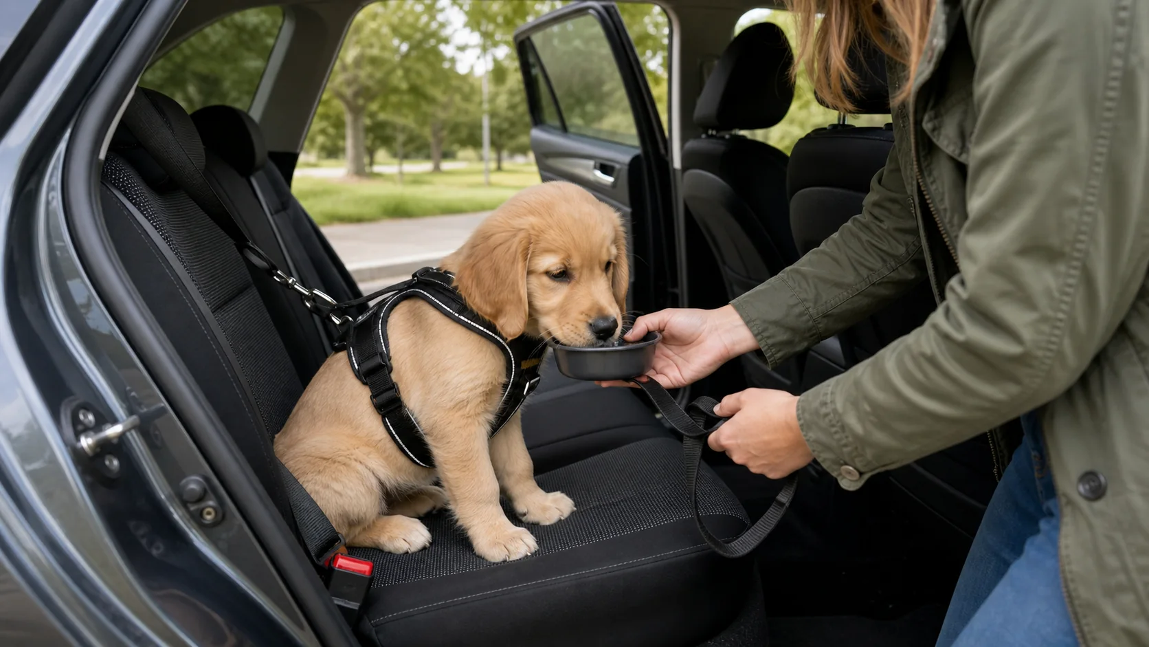 Cucciolo sistemato in sicurezza sul sedile posteriore durante un viaggio in auto - viaggiare in auto con un cucciolo