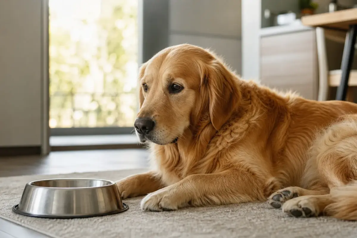 Cane adulto vicino alla ciotola in un ambiente domestico