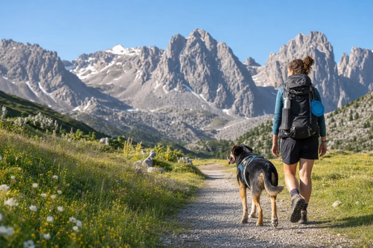 Cane al guinzaglio durante un’escursione su un sentiero di montagna