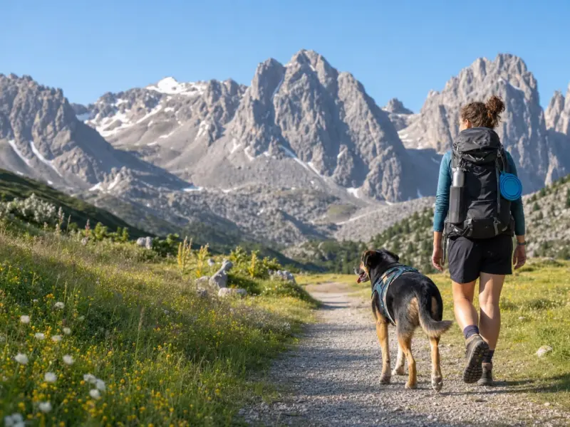 Cane al guinzaglio durante un’escursione su un sentiero di montagna