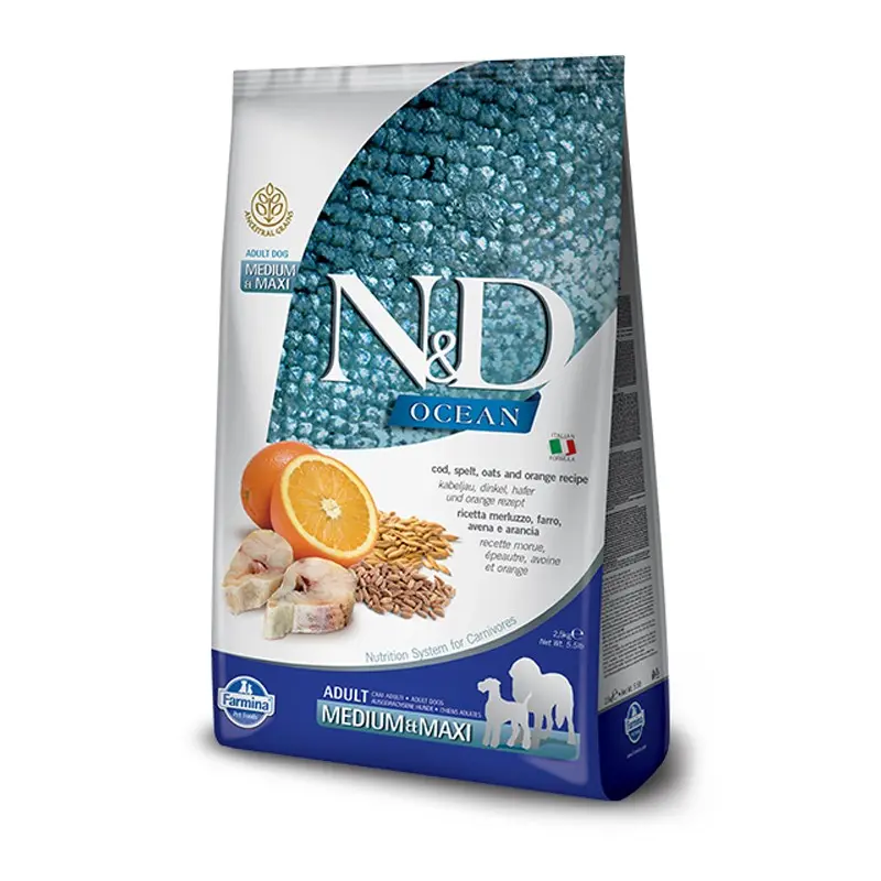 Farmina N&D Low Grain Adult Medium Maxi Merluzzo e Arancia – 2.5 Kg, Singola