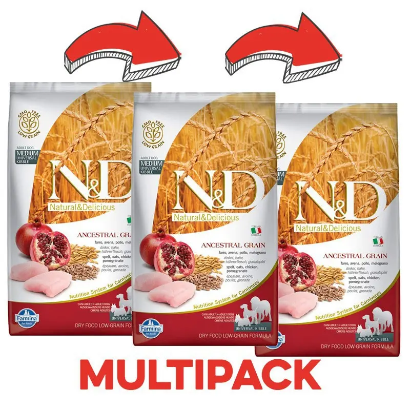 Farmina N&D Low Grain Adult Medium Maxi Pollo e Melograno – 12 Kg, 3 pezzi