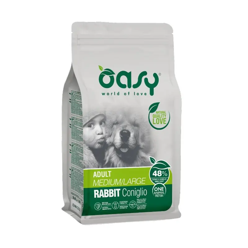 Oasy One Animal Protein Adult Medium/Large Coniglio per Cani – 12 Kg, Singola
