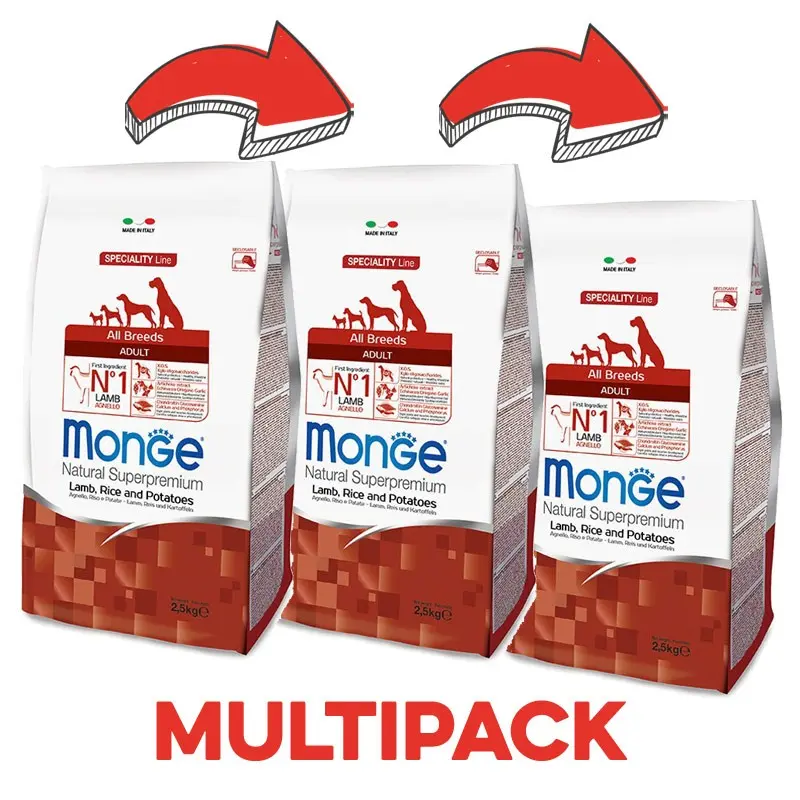 Monge All Breeds Adult Agnello e Riso – 12 Kg, 3 pezzi