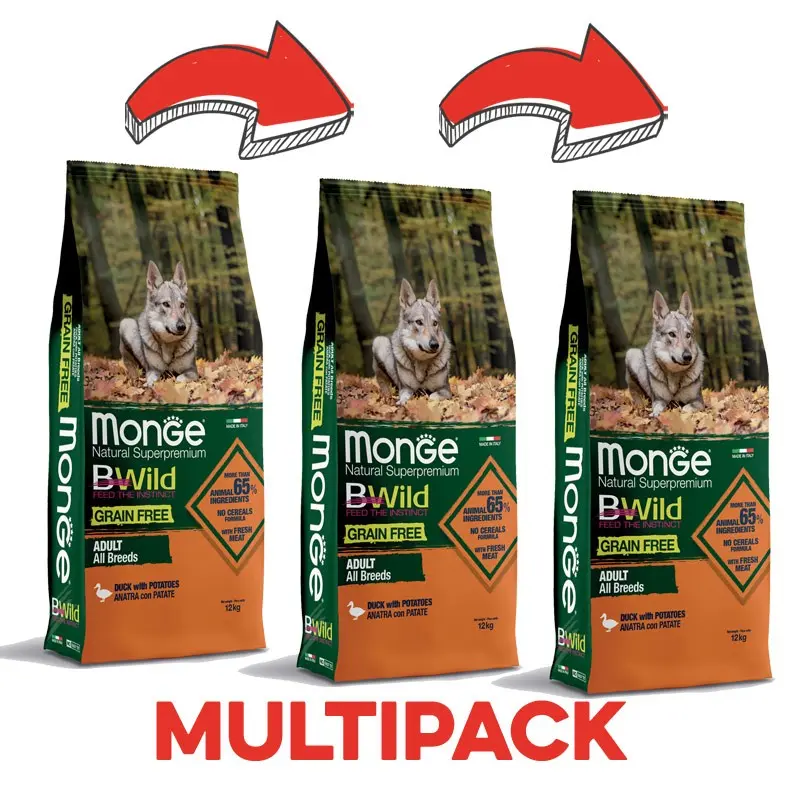 Monge BWild Grain Free Anatra e Patate Adult All Breeds per Cani – 12 Kg, 3 pezzi