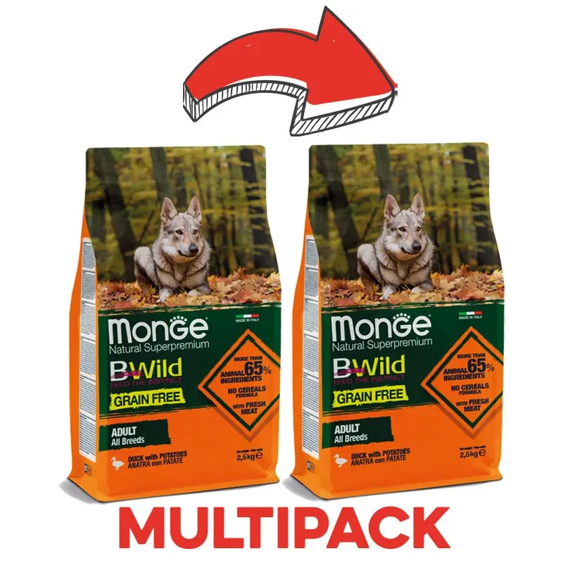 Monge BWild Grain Free Anatra e Patate Adult All Breeds per Cani – 2.5 Kg, 2 pezzi