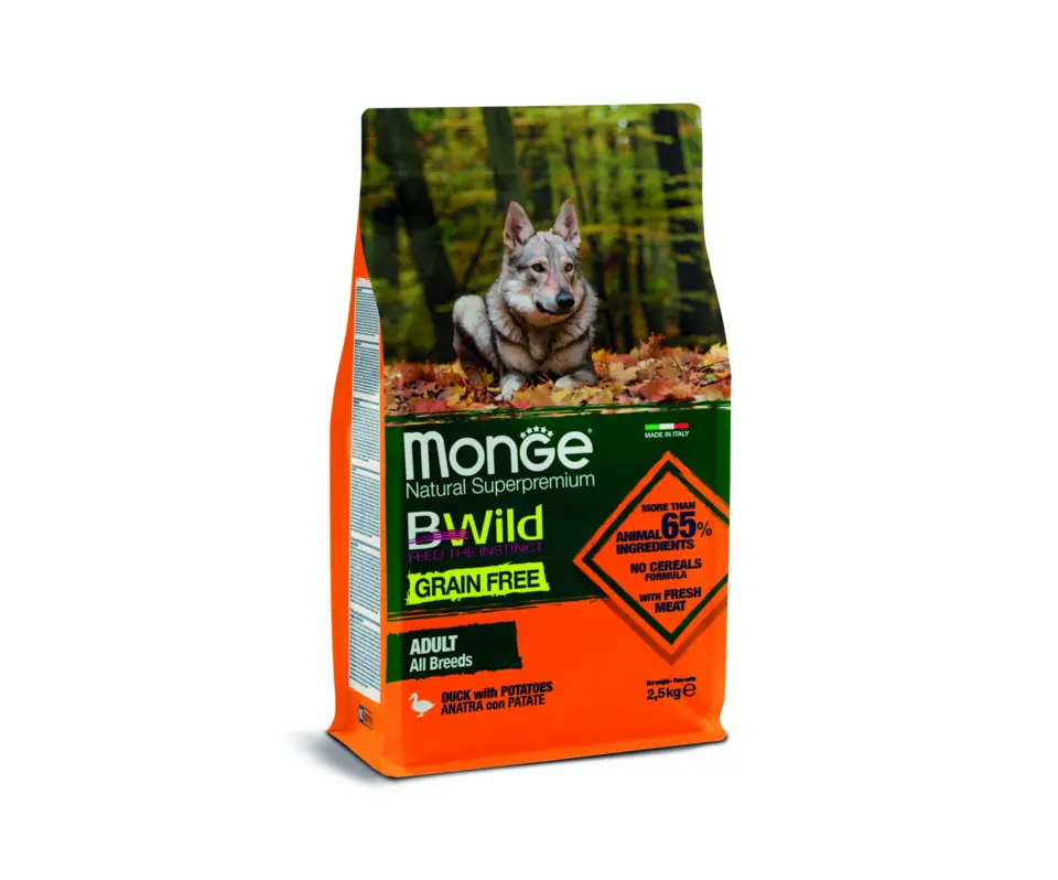 Monge BWild Grain Free Anatra e Patate Adult All Breeds per Cani – 2.5 Kg, Singola