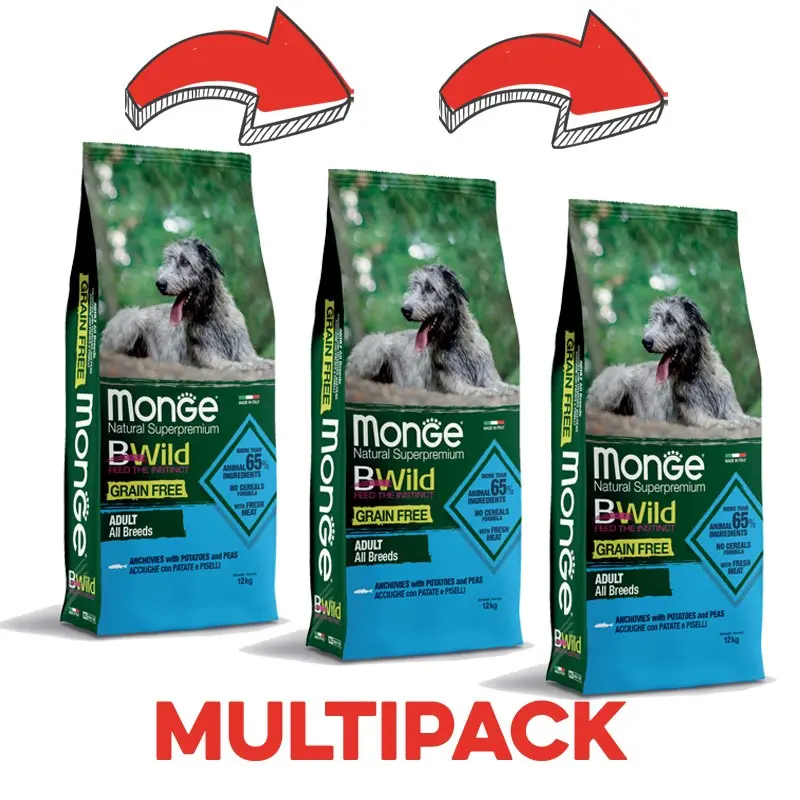 Monge BWild Grain Free Acciughe e Patate Adult per Cani – 12 Kg, 3 pezzi
