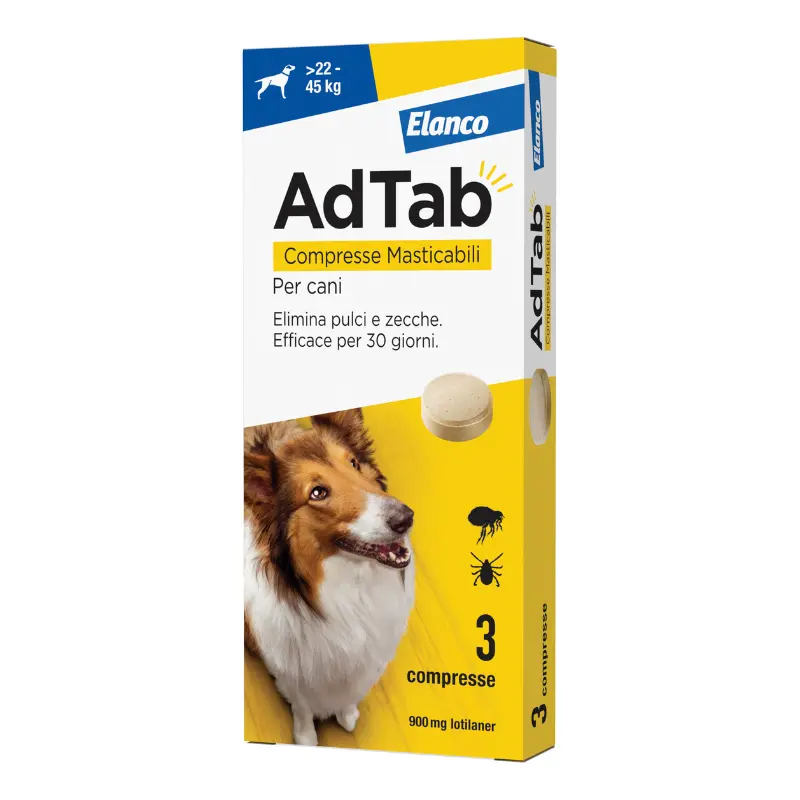 Elanco Adtab Compresse Masticabili dai 22 ai 45 Kg per Cani – 3 Compresse