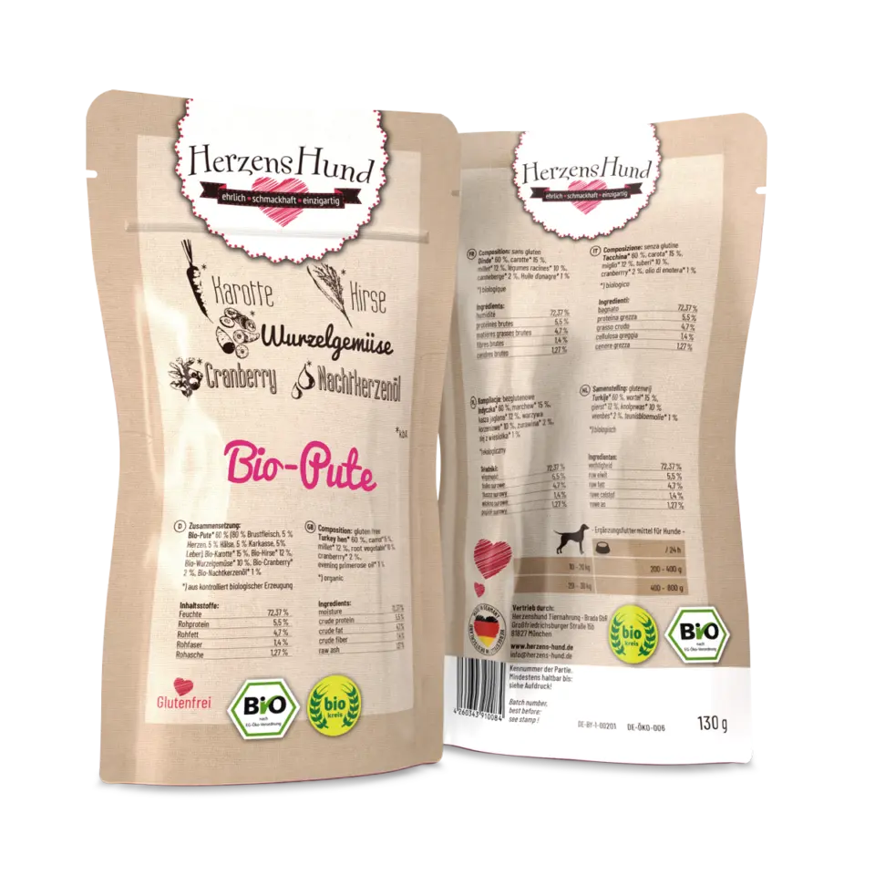 Herzens Hund Tacchino Biologico con Verdure Bio Umido per Cani – 130 g