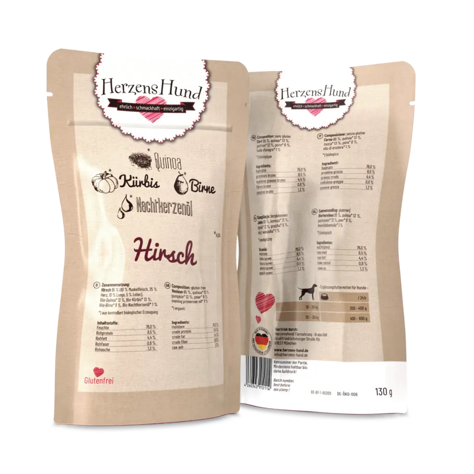 Herzens Hund Cervo con Verdure Bio Umido per Cani – 130 g