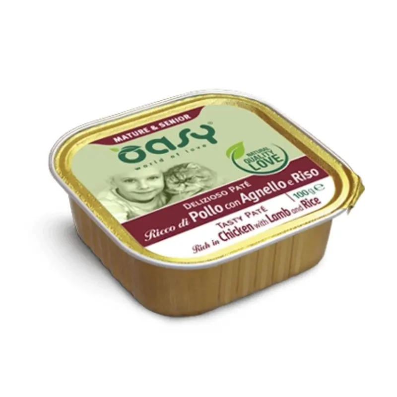 Oasy Mature & Senior Tasty Paté al Pollo con Agnello e Riso Umido per Gatti – 100 g, Singola