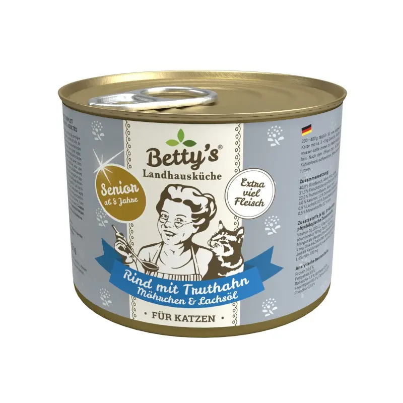 Betty’s Landhausküche Manzo con Tacchino, Carote e Olio di Salmone Umido per Gatti – 200 g, Singola