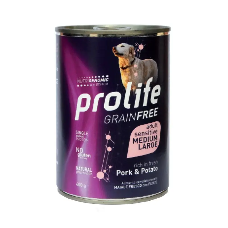 Prolife Grain Free Adult Sensitive Medium/Large Maiale e Patata Umido per Cani – 400 g, Singola
