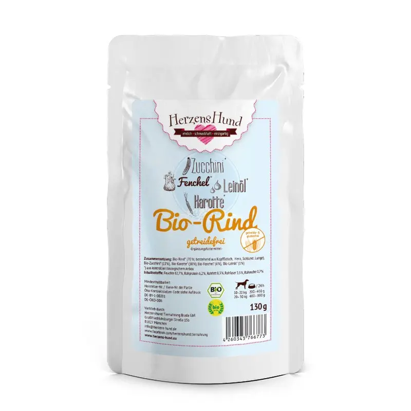 Herzens Hund Manzo Biologico con Zucchine Bio Umido per Cani – 130 g