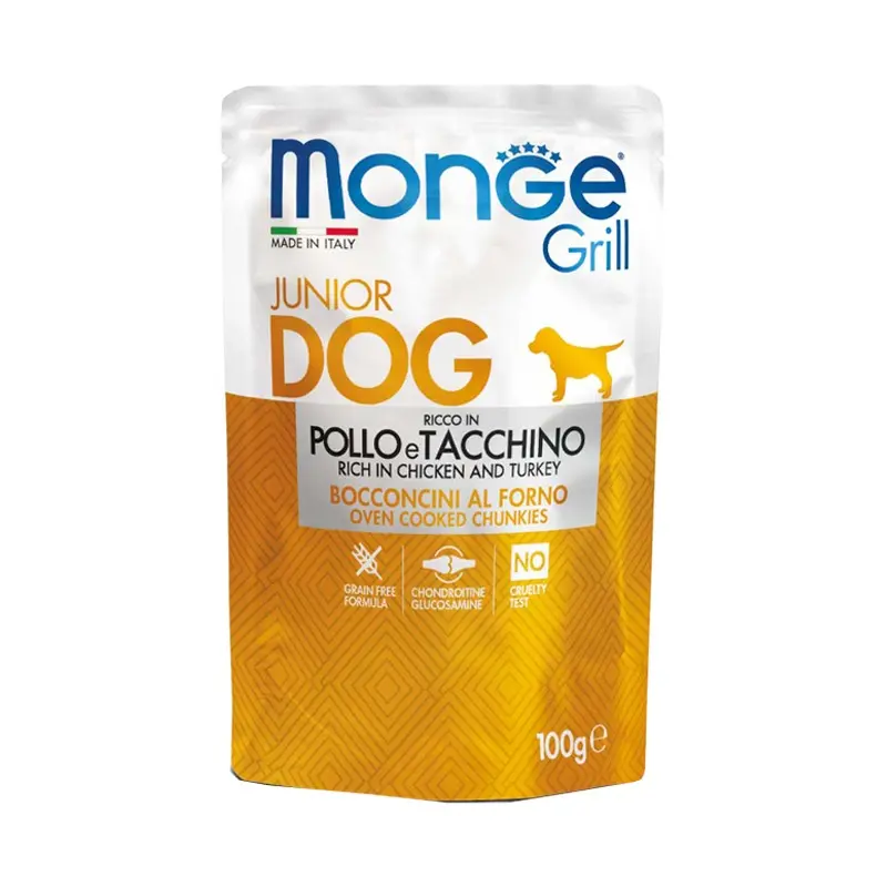Monge Bocconcini Grill con Pollo e Tacchino per Cuccioli – 100 g, 6 pezzi