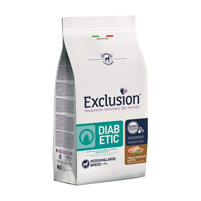 Exclusion Diet Diabetic Maiale, Sorgo e Piselli Medium & Large Breed per Cani – 12 Kg, 2 pezzi