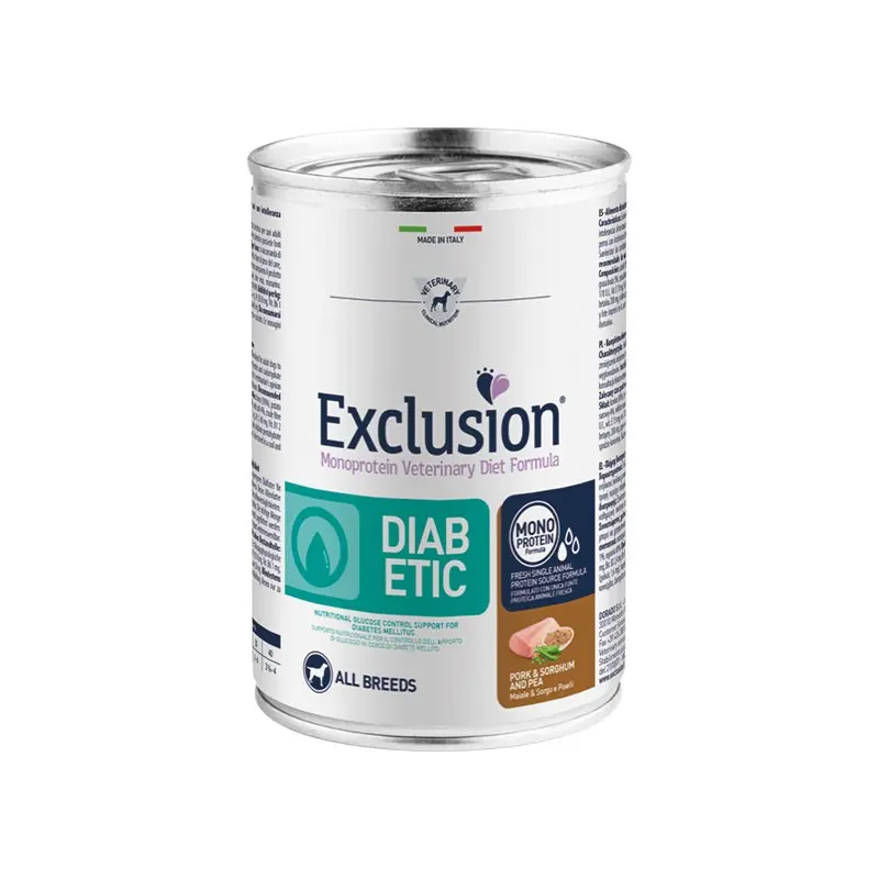 Exclusion Vet Diet Diabetic All Breeds Adult Umido Maiale e Piselli per Cani – 200 g, 12 pezzi