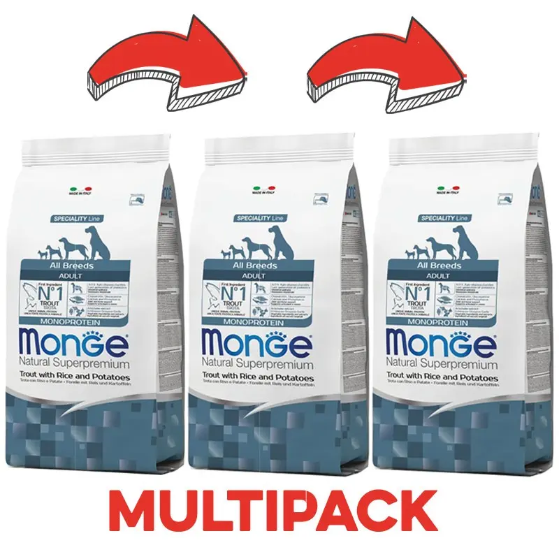 Monge Monoprotein Trota con Riso e Patate All Breeds Adult per Cani – 12 Kg, 3 pezzi