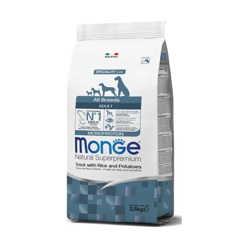 Monge Monoprotein Trota con Riso e Patate All Breeds Adult per Cani – 12 Kg, Singola