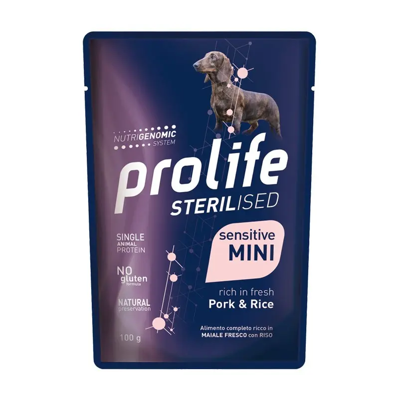 Prolife Sterilised Sensitive Maiale e Riso Adult Mini Umido per Cani – 100 g, 6 pezzi