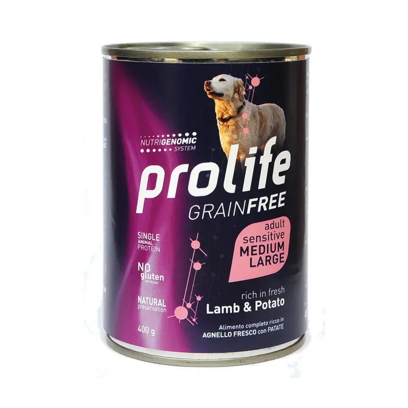 Prolife Grain Free Adult Sensitive Medium/Large Agnello e Patata Umido per Cani – 400 g, Singola