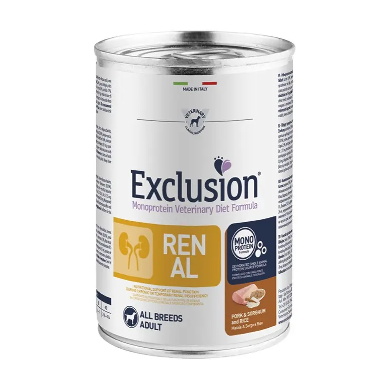 Exclusion Diet Renal Maiale, Sorgo e Riso All Breeds Adult Umido per Cani – 200 g, 12 pezzi