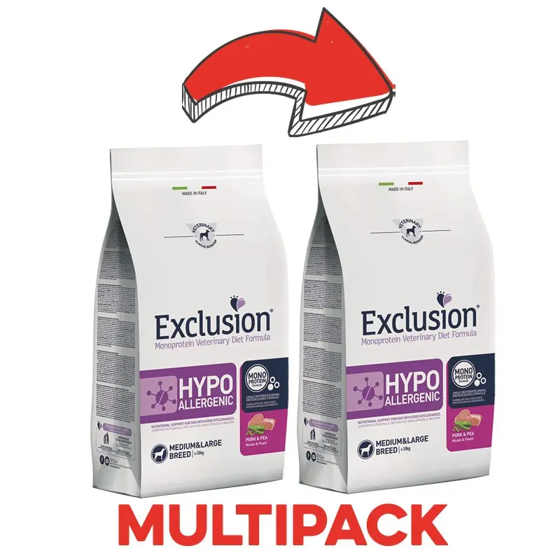 Exclusion Diet Hypoallergenic Maiale e Piselli Medium & Large Breed per Cani – 12 Kg, 2 pezzi