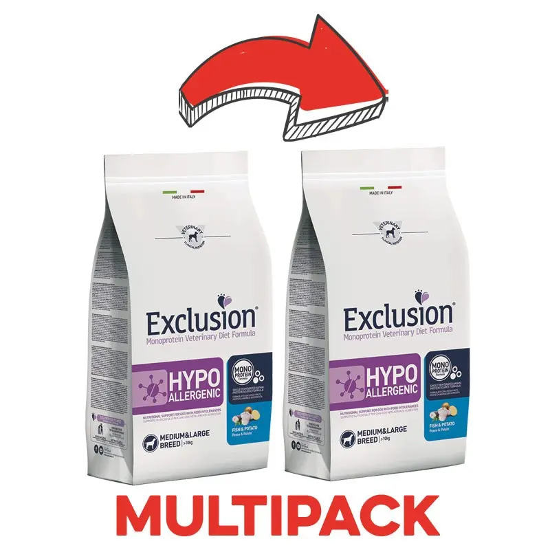 Exclusion Diet Hypoallergenic Pesce e Patate Adult Medium & Large Breed per Cani – 12 Kg, 2 pezzi