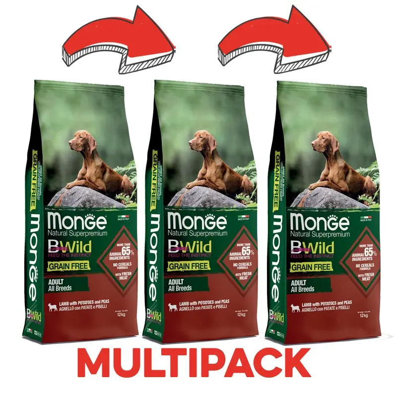 Monge BWild Grain Free Agnello, Patate e Piselli Adult per Cani – 12 Kg, 3 pezzi