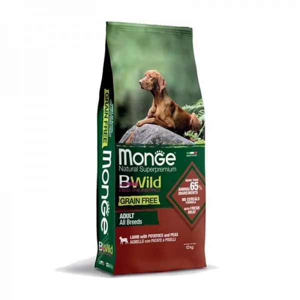 Monge BWild Grain Free Agnello, Patate e Piselli Adult per Cani – 12 Kg, Singola