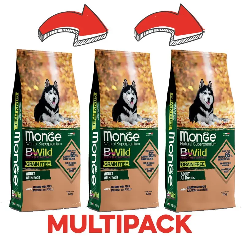 Monge BWild Grain Free Salmone e Piselli Adult per Cani – 12 Kg, 3 pezzi