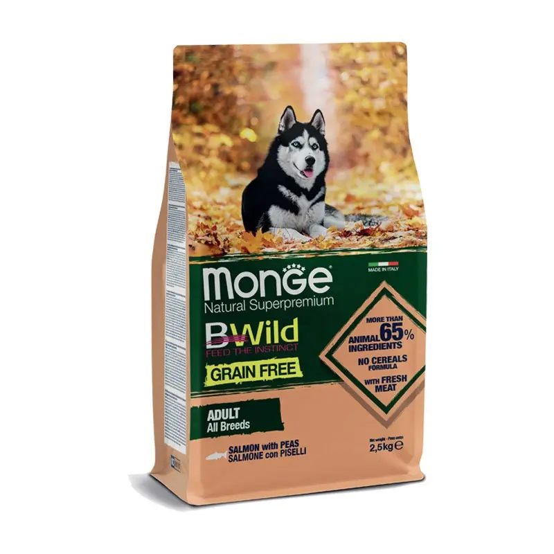 Monge BWild Grain Free Salmone e Piselli Adult per Cani – 12 Kg, Singola