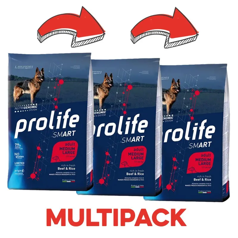 Prolife Smart Adult Medium/Large Manzo e Riso per Cani – 12 Kg, 3 pezzi