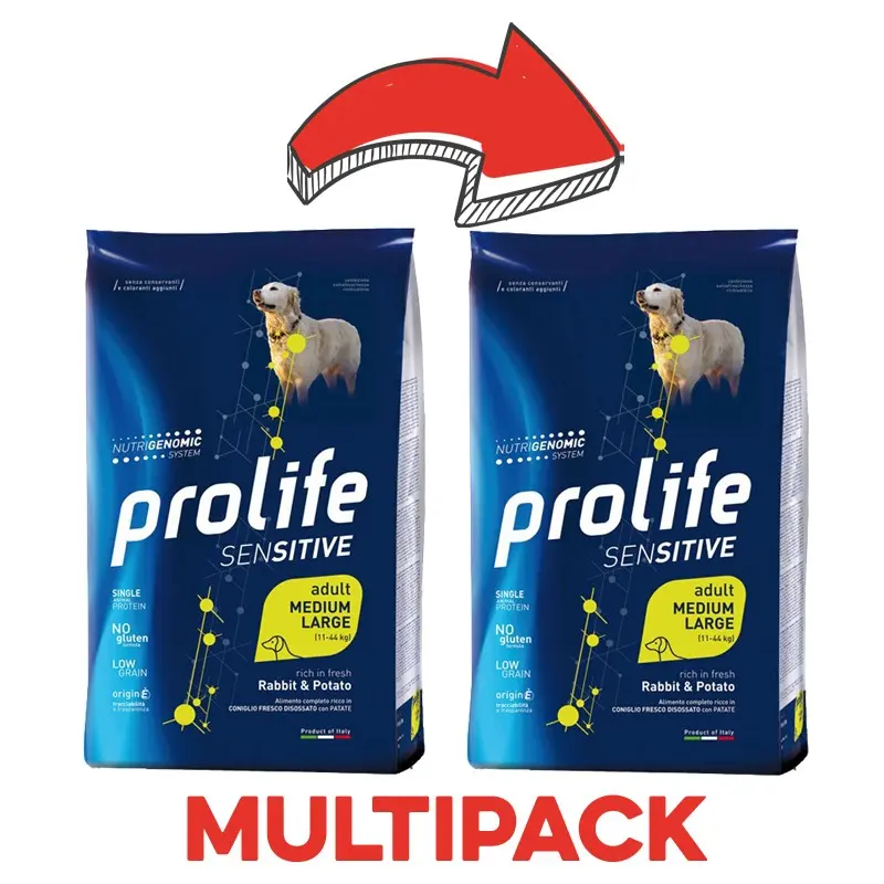 Prolife Sensitive Adult Medium/Large Coniglio e Patate per Cani – 2.5 Kg, 2 pezzi