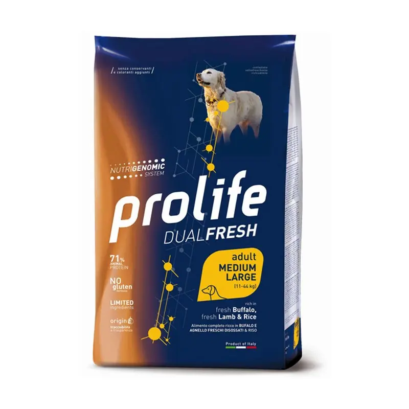 Prolife Dual Fresh Adult Medium/Large Agnello, Bufalo e Riso per Cani – 12 Kg, Singola