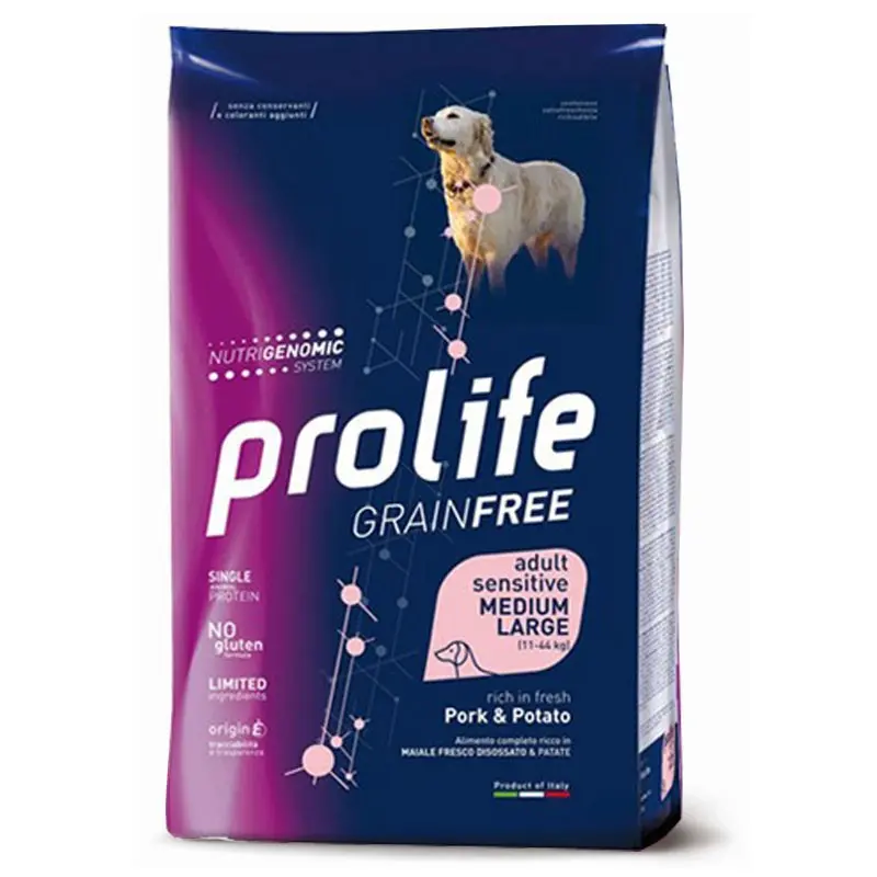 Prolife Grain Free Adult Sensitive Medium/Large Maiale e Patate per Cani – 10 Kg