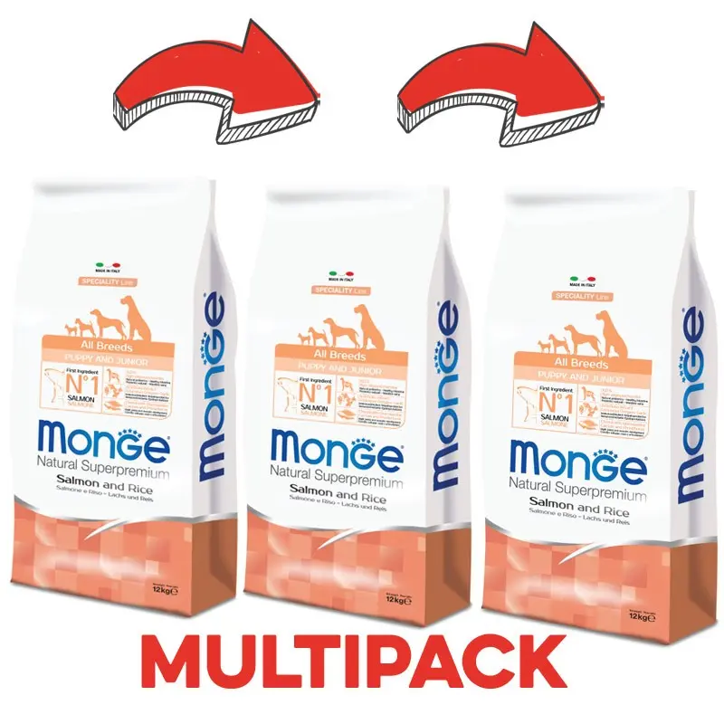 Monge Puppy & Junior Salmone e Riso – 12 Kg, 3 pezzi