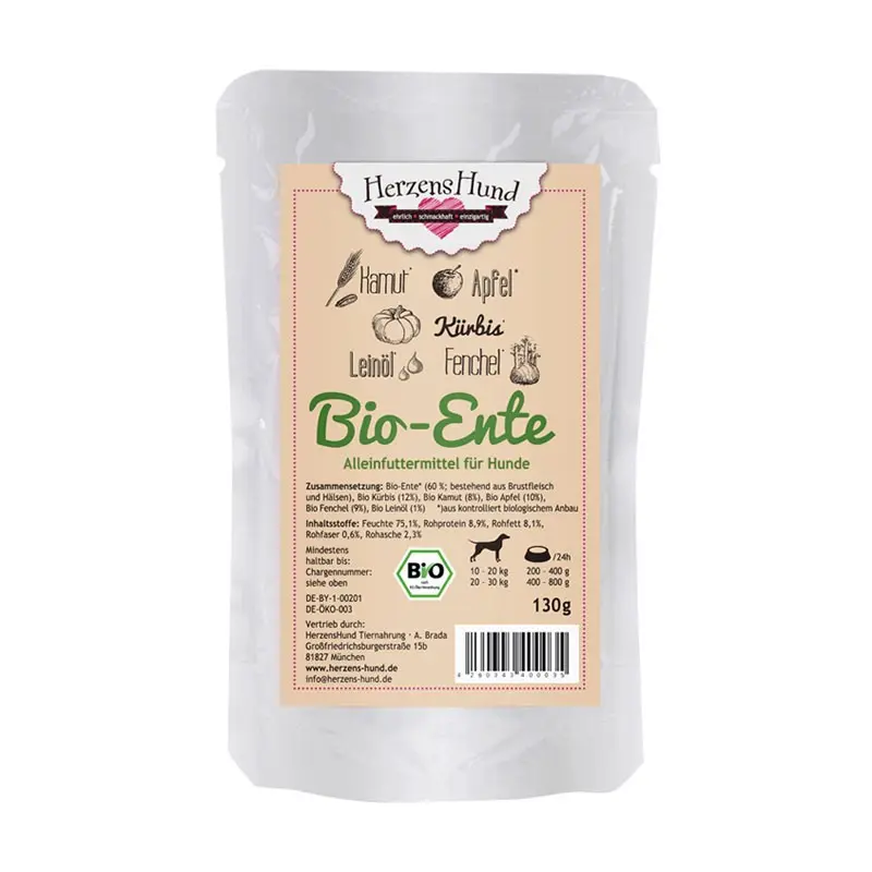 Herzens Hund Anatra Biologica con Verdure Bio Umido per Cani – 130 g