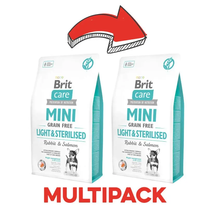 Brit Care Mini Grain Free Light & Sterilised Coniglio e Salmone – 2 Kg, 2 pezzi