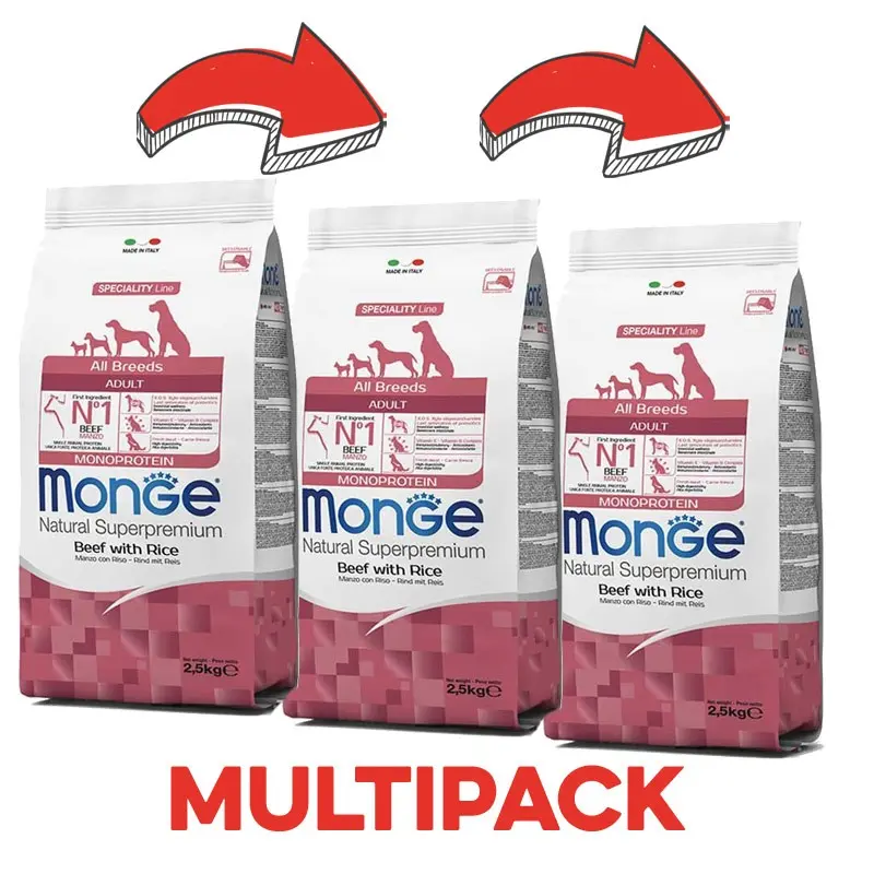 Monge Adult Monoprotein Manzo con Riso per Cani – 12 Kg, 3 pezzi