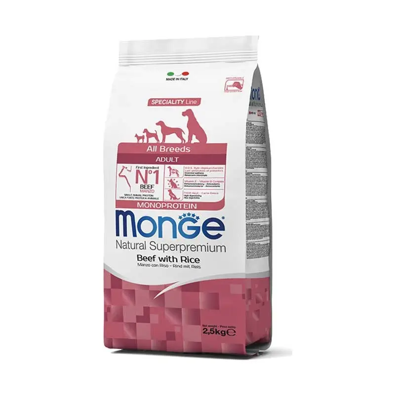 Monge Adult Monoprotein Manzo con Riso per Cani – 2.5 Kg, Singola