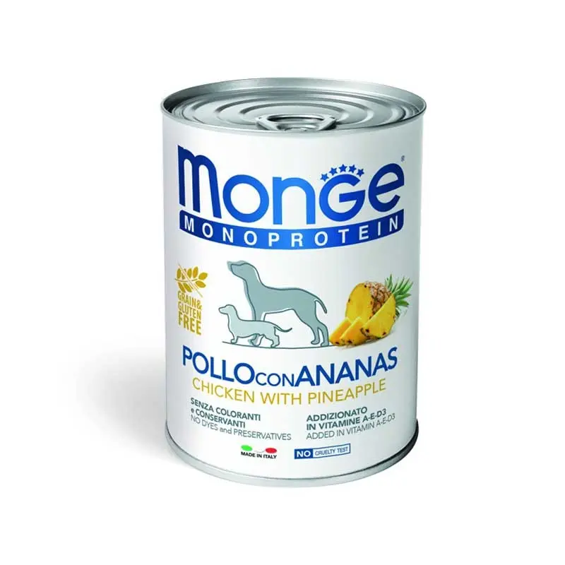 Monge Monoprotein Pollo con Ananas per Cani – 400 g, 12 pezzi