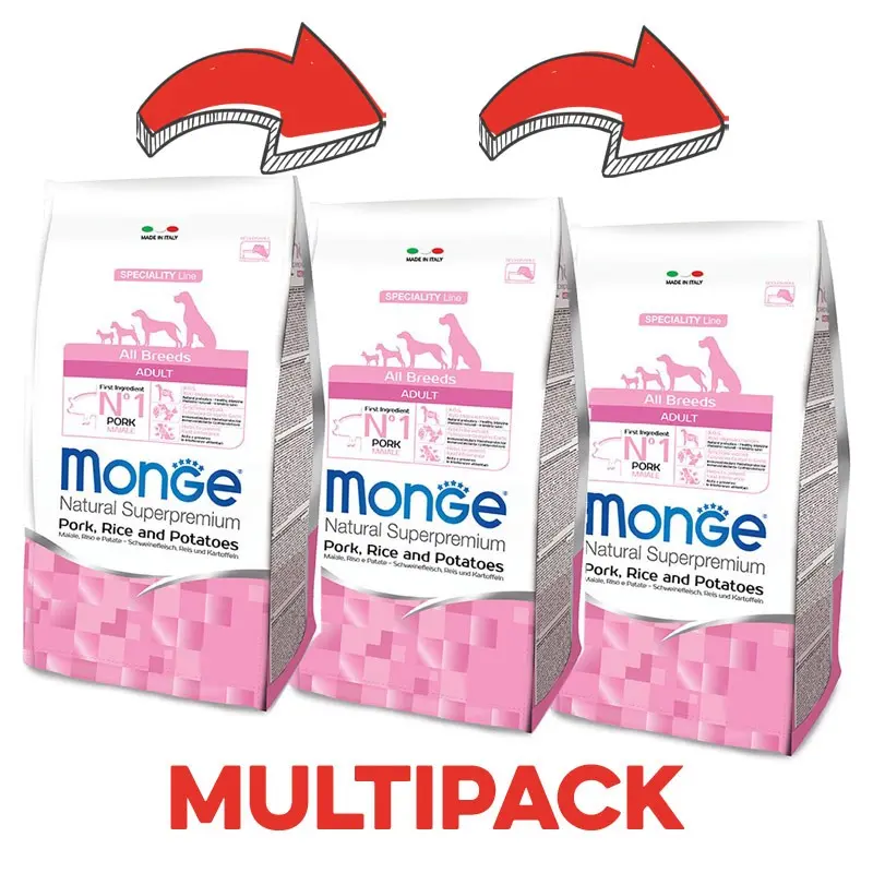 Monge All Breeds Adult Maiale, Riso E Patate – 12 Kg, 3 pezzi