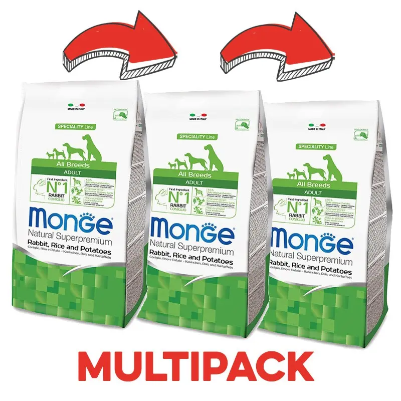 Monge Adult Coniglio, Riso e Patate – 12 Kg, 3 pezzi